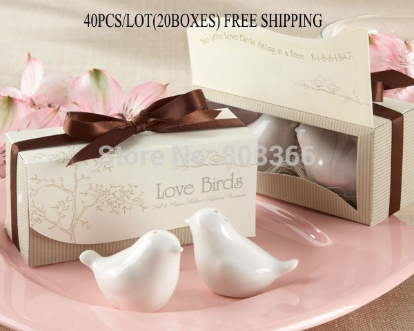 40pcs/lot(20boxes) Love birds ceramic Salt and Pepper shaker Wedding Favors for Cheapest Wedding gift and Party Favors