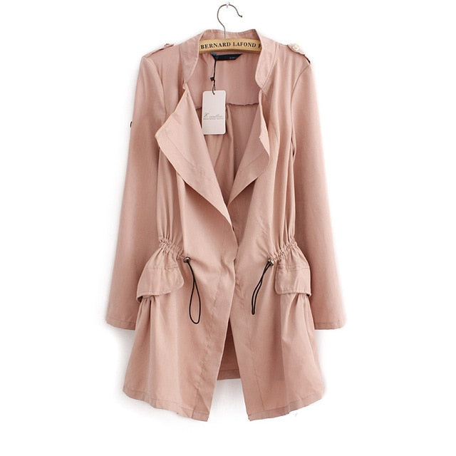 2016 Women Cardigans Casual Spring Autumn Turn-down Collar Long Trench Ladies Pleated Pocket Design Outwear Coat D2013