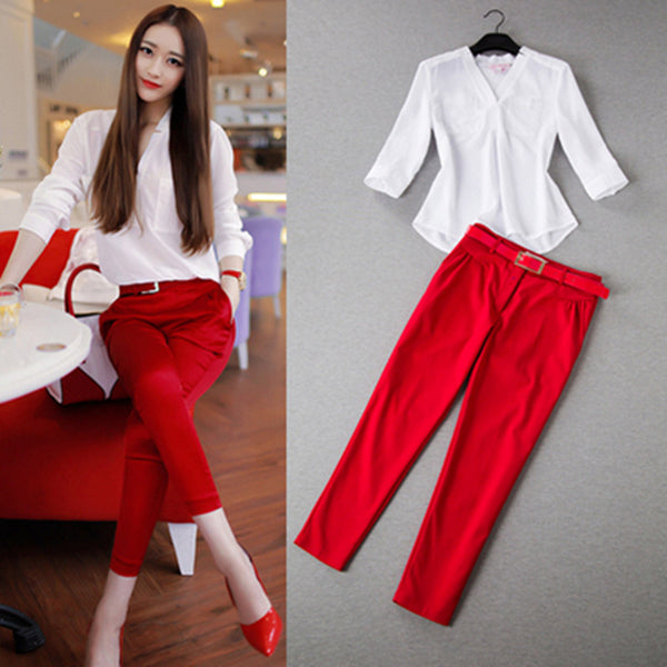 2017 New Women Summer Suits Blouse shirt Two-piece suit brands loose V-Neck chiffon shirt tight ankle pants women sets