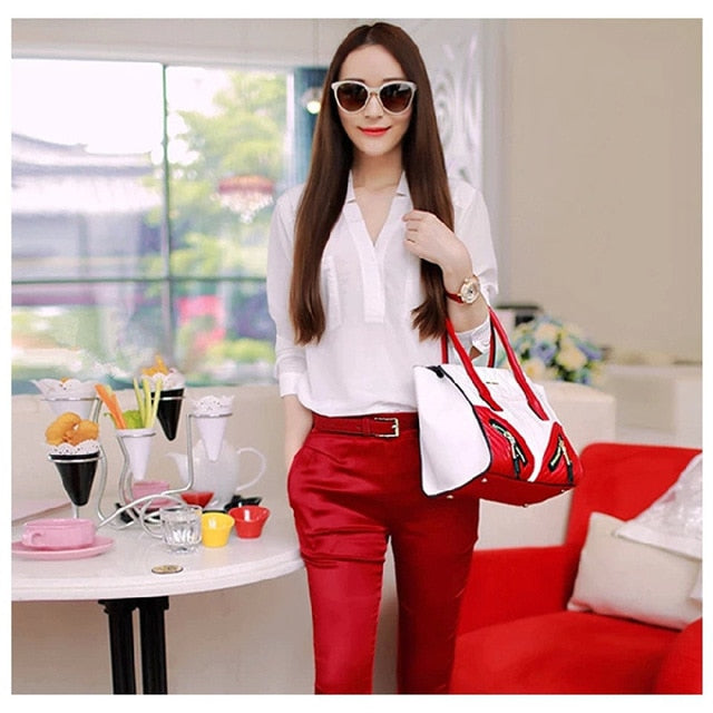 2017 New Women Summer Suits Blouse shirt Two-piece suit brands loose V-Neck chiffon shirt tight ankle pants women sets