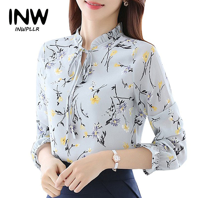 Blusas Femininas 2018 Fashion Floral Tops And Blouses Mujer Autumn Long Sleeve Femme Shirts Print Chiffon Women Blouses