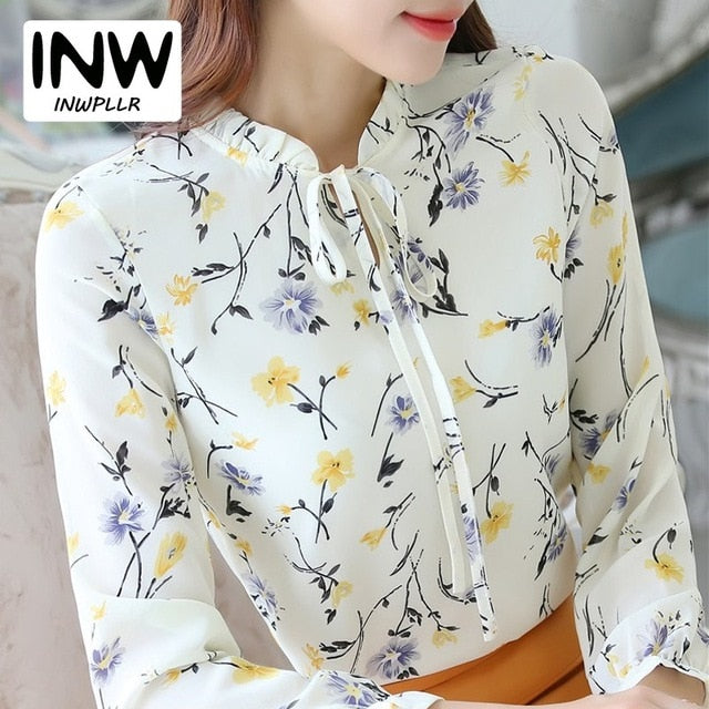 Blusas Femininas 2018 Fashion Floral Tops And Blouses Mujer Autumn Long Sleeve Femme Shirts Print Chiffon Women Blouses