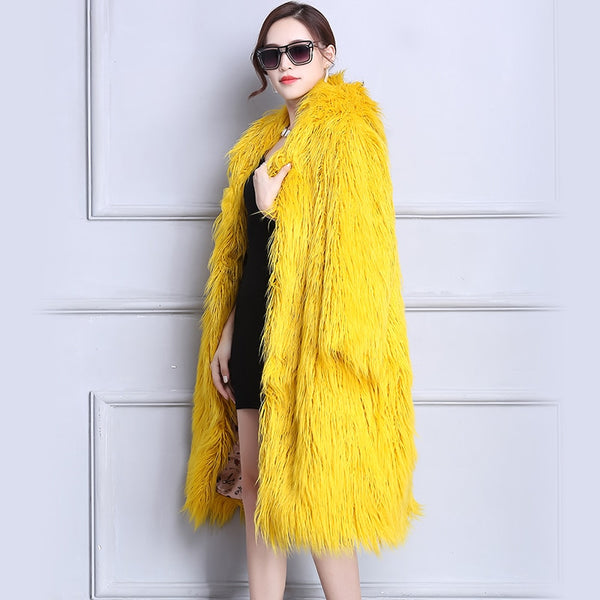 Nerazzurri Faux Fur Coat Winter Women 2018 With Hood Long Yellow Hairy Furry Fake fur Overcoat Oversized Loose Fluffy Outwear