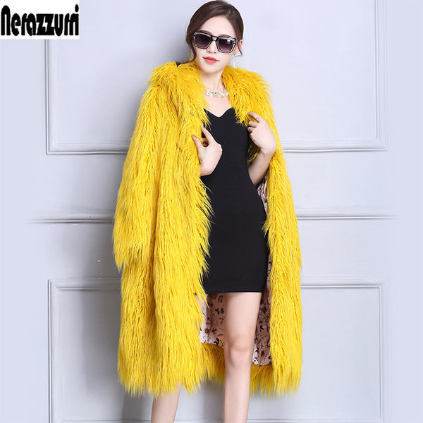 Nerazzurri Faux Fur Coat Winter Women 2018 With Hood Long Yellow Hairy Furry Fake fur Overcoat Oversized Loose Fluffy Outwear