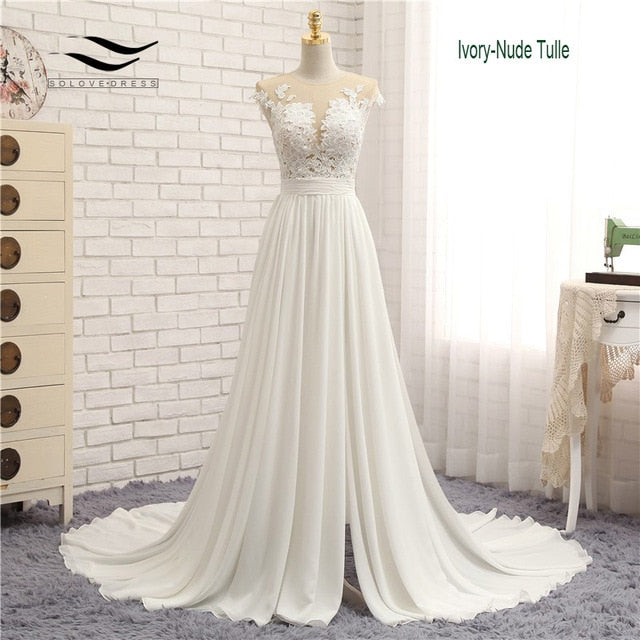 Sexy V-neck  Chapel Train Long Zipper Cap Sleeves Lace Applique A Line Beach Wedding Dress Real Photo Wedding Gown SLD-W592