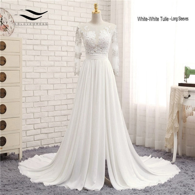 Sexy V-neck  Chapel Train Long Zipper Cap Sleeves Lace Applique A Line Beach Wedding Dress Real Photo Wedding Gown SLD-W592