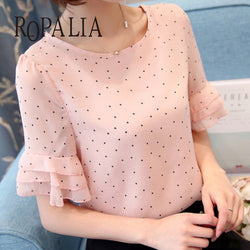 ROPALIA Women Chiffon Blouse Top Short Sleeve Casual Shirts Loose Tops Polka Dot Print Thin Shirt Blouse