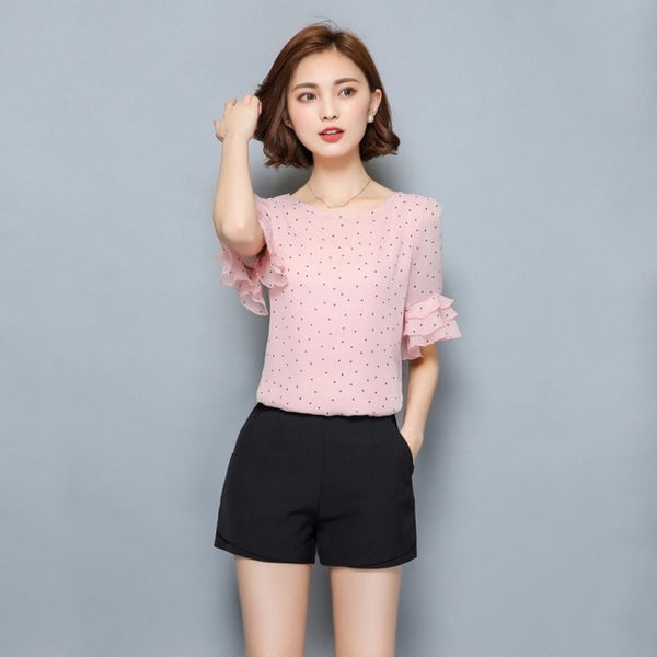 ROPALIA Women Chiffon Blouse Top Short Sleeve Casual Shirts Loose Tops Polka Dot Print Thin Shirt Blouse