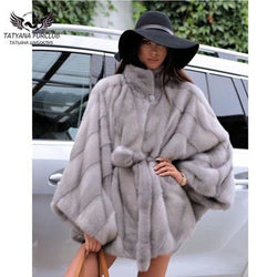 Tatyana 2018 New Type Real Mink Fur Coat Women 70 CM Long Bat Type Fur Cloth Luxury Cool Girl's Genuine Leather Fur Outwear Coat