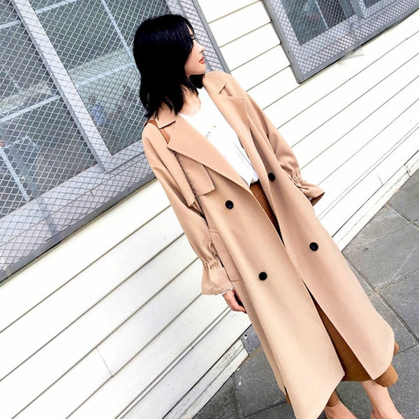 Women's 2018 New  Solid Trench Full Sleeve Turn-down Collar Solid Single Breasted Korean Style Loose Pockets Outerwear C87917LD