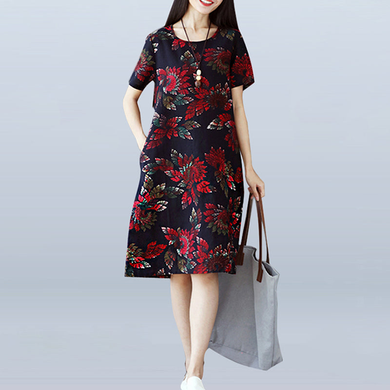 Women Summer Dress Floral Short Sleeve Casual Midi Dresses Elegant O-neck Pockets Cotton Linen Female Vestidos Plus Size S-5XL