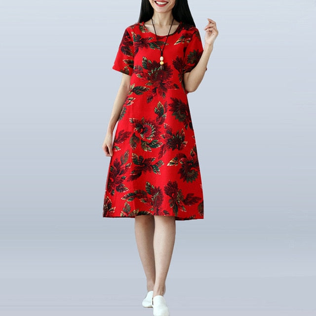 Women Summer Dress Floral Short Sleeve Casual Midi Dresses Elegant O-neck Pockets Cotton Linen Female Vestidos Plus Size S-5XL