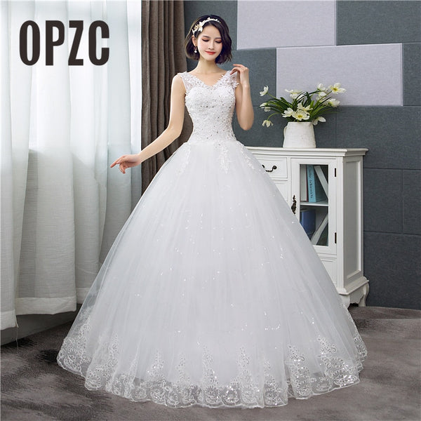 Korean Style V-Neck Lace Tank Sleeveless Floral Print Ball Gown Wedding Dress 2018 New Fashion Simple estidos de noivas CC