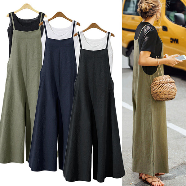 S-5XL 2018 Summer Women Strappy Solid Comfy Wide Leg Jumpsuits Women's Casual Loose Dungarees Bib Overalls Cotton Linen Rompers