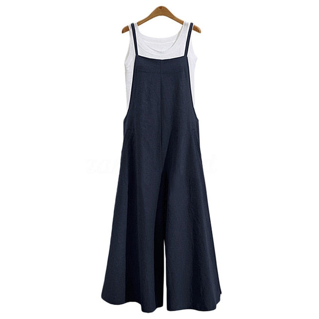 S-5XL 2018 Summer Women Strappy Solid Comfy Wide Leg Jumpsuits Women's Casual Loose Dungarees Bib Overalls Cotton Linen Rompers