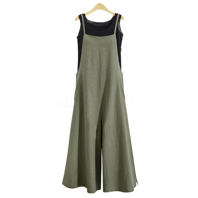 S-5XL 2018 Summer Women Strappy Solid Comfy Wide Leg Jumpsuits Women's Casual Loose Dungarees Bib Overalls Cotton Linen Rompers