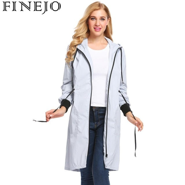 FINEJO Women Jacket Rain Hooded Long Sleeve Lightweight Long Raincoat Autumn Outwear Top Pullover Slim Fit Loose Coat Fashion