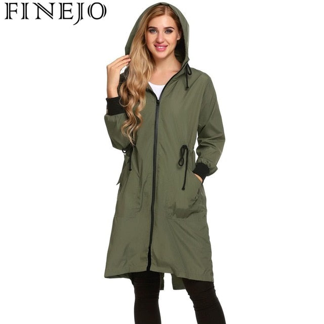 FINEJO Women Jacket Rain Hooded Long Sleeve Lightweight Long Raincoat Autumn Outwear Top Pullover Slim Fit Loose Coat Fashion