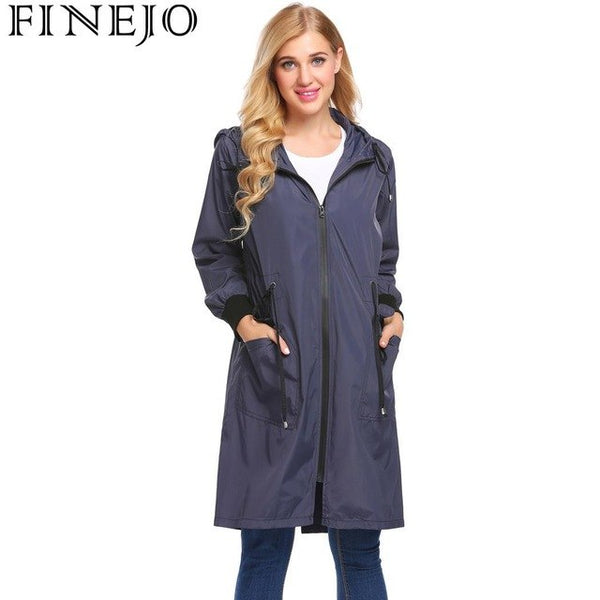 FINEJO Women Jacket Rain Hooded Long Sleeve Lightweight Long Raincoat Autumn Outwear Top Pullover Slim Fit Loose Coat Fashion