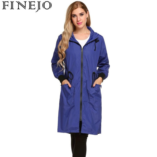 FINEJO Women Jacket Rain Hooded Long Sleeve Lightweight Long Raincoat Autumn Outwear Top Pullover Slim Fit Loose Coat Fashion