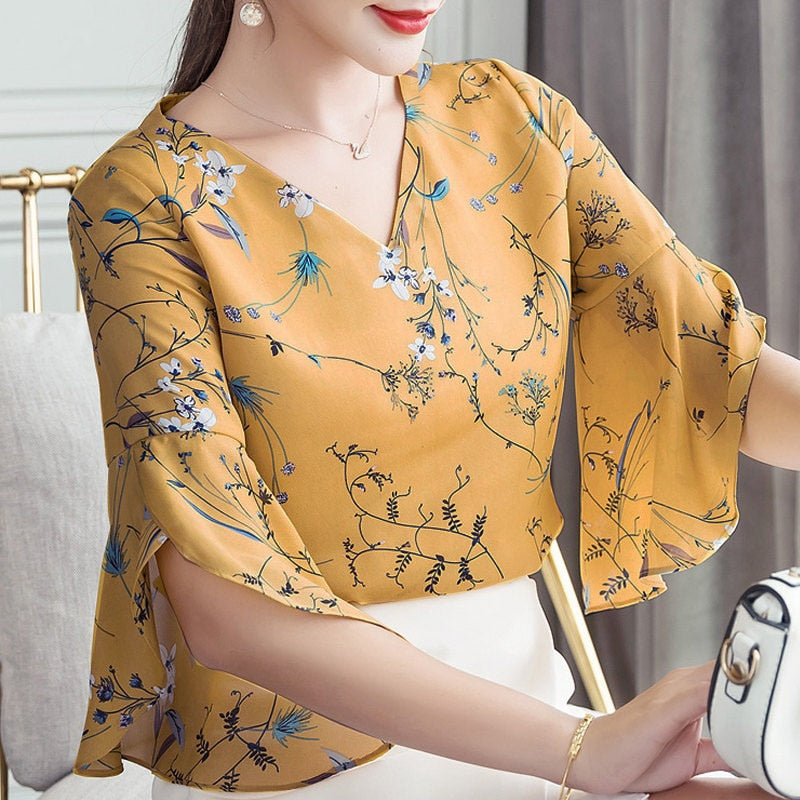 RibbonFish Women Summer Style Flower Printed Blouses Shirts Lady Casual Short Flare Sleeve Bow Tie V-Neck Blusas DD1504