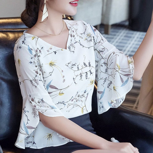 RibbonFish Women Summer Style Flower Printed Blouses Shirts Lady Casual Short Flare Sleeve Bow Tie V-Neck Blusas DD1504