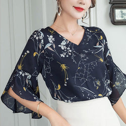 RibbonFish Women Summer Style Flower Printed Blouses Shirts Lady Casual Short Flare Sleeve Bow Tie V-Neck Blusas DD1504