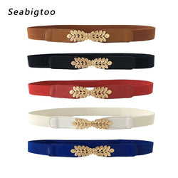 High elasticity fabric belts for women dresses gold Leaves metal buckle belts female belts women fashion 2018 hot elastic belts