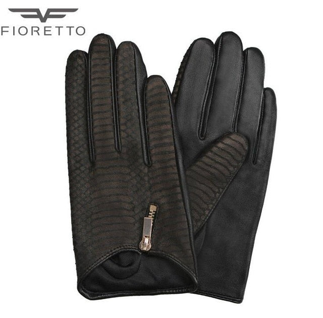 Fioretto Women  Fashion Snake Genuine Leather Gloves Ladies Punk Driving Gloves With Metal Zipper Winter Warm Leather Gloves