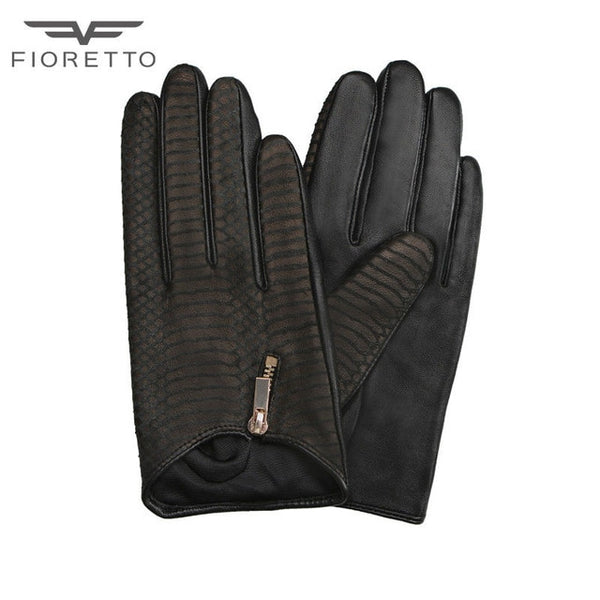 Fioretto Women  Fashion Snake Genuine Leather Gloves Ladies Punk Driving Gloves With Metal Zipper Winter Warm Leather Gloves