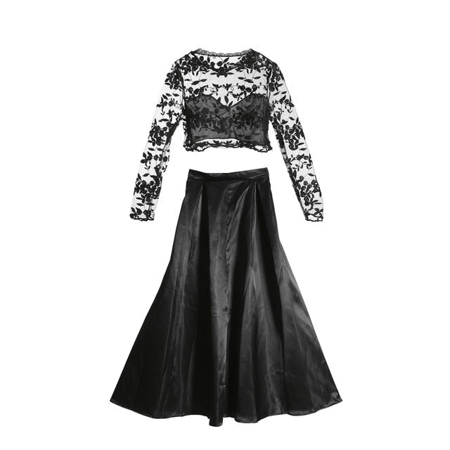 Women 2pc Clothes Sets Ladies  Bridesmaid Long Maxi Skirts Women Lace Fashion Long Sleeve Tops And Long Skirts