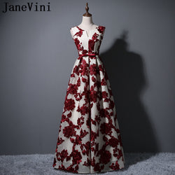 JaneVini Elegant V-Neck Lace Long Bridesmaids Dresses Sisters Women Wedding Party Dress Burgundy Bow Formal Prom Gowns 2018