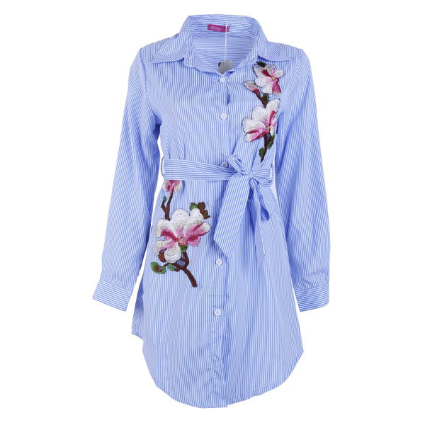 2018 Women Embroidery Long Blouse Blue And White Striped Lapel Long Sleeve Self  Embroidered Shirt