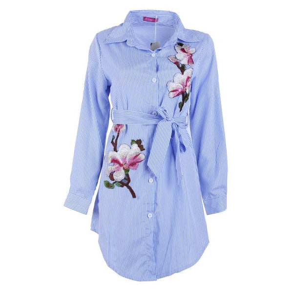 2018 Women Embroidery Long Blouse Blue And White Striped Lapel Long Sleeve Self  Embroidered Shirt