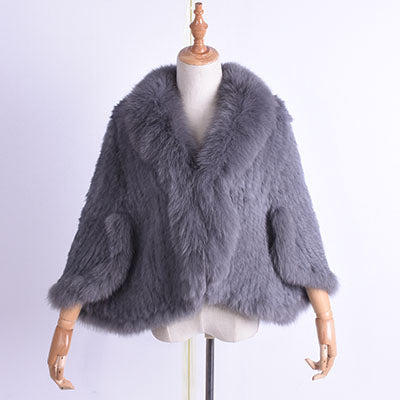 Winter Women's Real Rabbit Fur Knitted Fox Collar Jacket Leisure Time Pure Color Fur Coat Women's Fashionable Fur Knit Bat Shirt