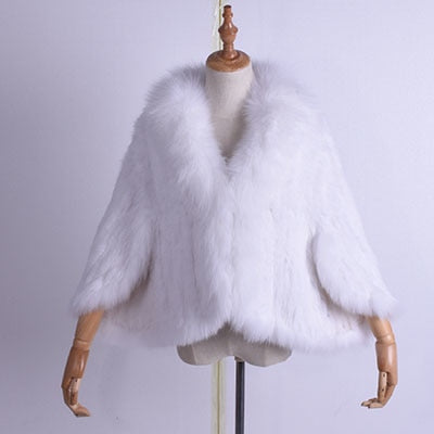 Winter Women's Real Rabbit Fur Knitted Fox Collar Jacket Leisure Time Pure Color Fur Coat Women's Fashionable Fur Knit Bat Shirt