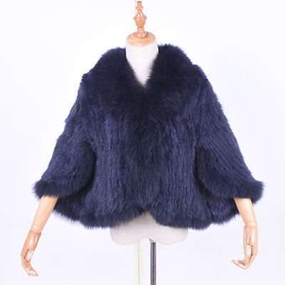 Winter Women's Real Rabbit Fur Knitted Fox Collar Jacket Leisure Time Pure Color Fur Coat Women's Fashionable Fur Knit Bat Shirt