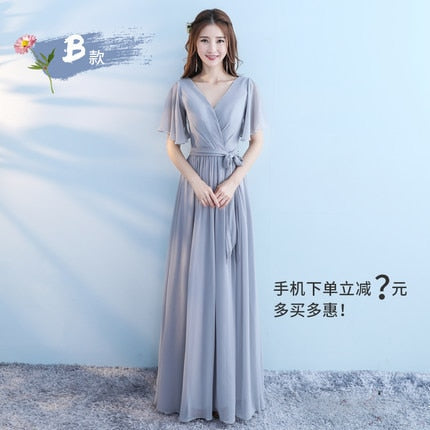 Vestido Longo Pink Bridesmaid Dresses 2018 New Elegant A Line V Neck Grey Long Wedding Party Gown Robe De Demoiselle D'honneur