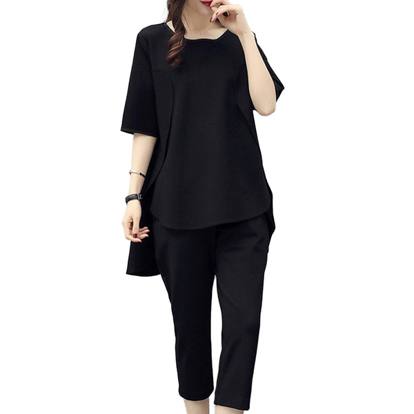 2018 summer black  Round neck short-sleeved cropped trousers loose slim fashion casual tracksuit two piece set women M-4XL