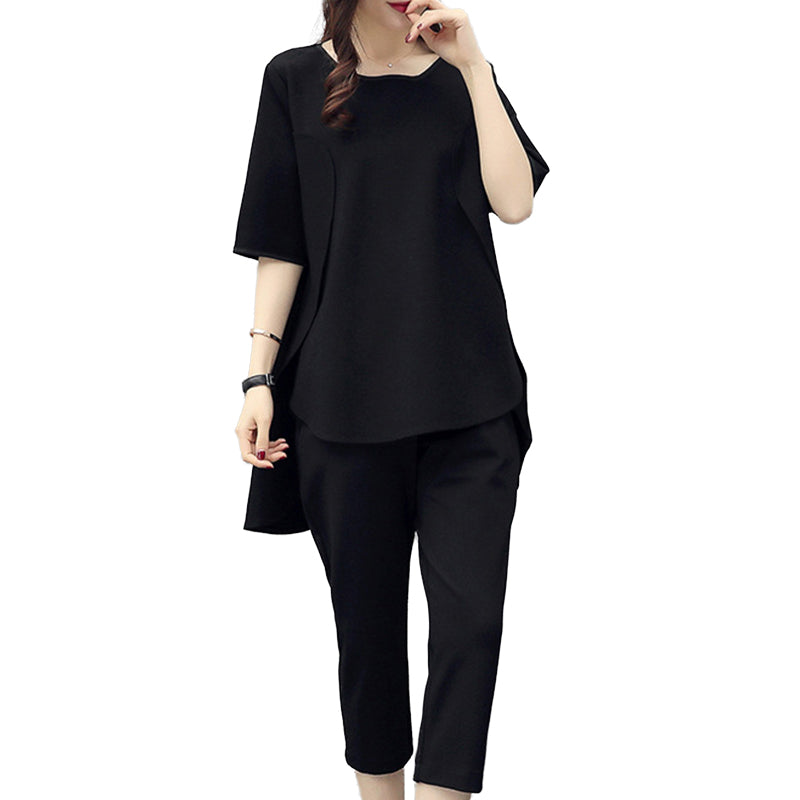 2018 summer black  Round neck short-sleeved cropped trousers loose slim fashion casual tracksuit two piece set women M-4XL