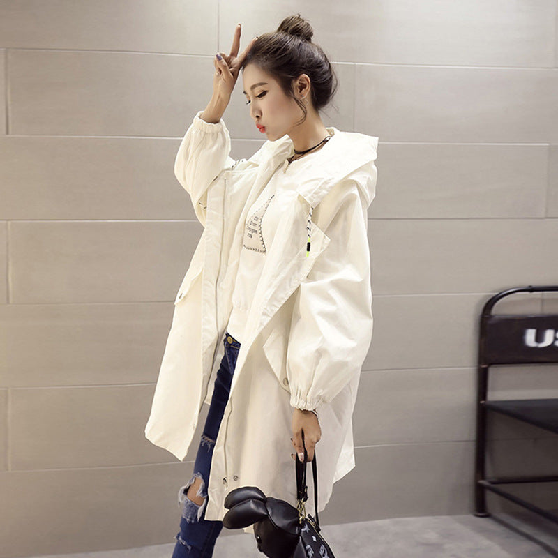 Cute Korean  Trench Coat for Women Full Sleeve Hooded  Women Coats  Adjustable Waist European Autum Wind Breaker