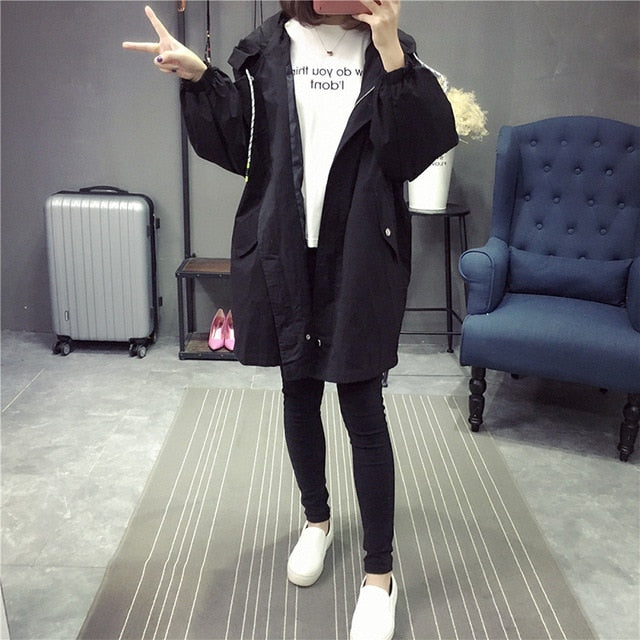 Cute Korean  Trench Coat for Women Full Sleeve Hooded  Women Coats  Adjustable Waist European Autum Wind Breaker