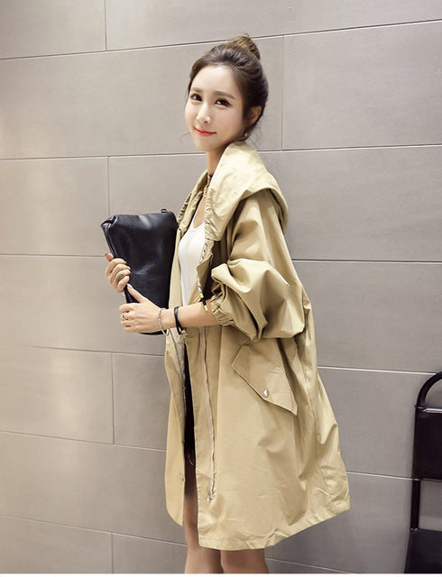 Cute Korean  Trench Coat for Women Full Sleeve Hooded  Women Coats  Adjustable Waist European Autum Wind Breaker