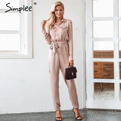 Simplee Elegant sashes buttons satin long sleeve women jumpsuit Summer pockets elastic waist romper Office ladies playsuit 2018