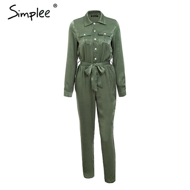 Simplee Elegant sashes buttons satin long sleeve women jumpsuit Summer pockets elastic waist romper Office ladies playsuit 2018