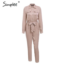 Simplee Elegant sashes buttons satin long sleeve women jumpsuit Summer pockets elastic waist romper Office ladies playsuit 2018