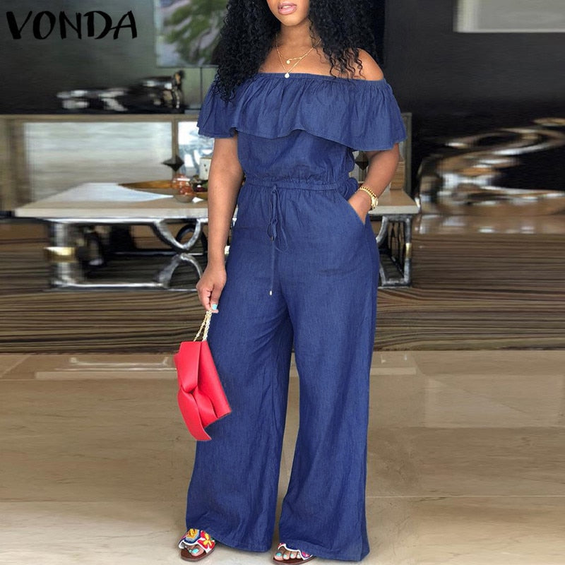 VONDA Denim Rompers Womens Jumpsuit 2018 Summer Sexy Slash Neck Off Shoulder Ruffles Playsuits Plus Size Wide Leg Pants Overalls