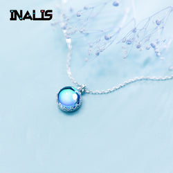 INALIS Hot Sell Unique 925 Sterling Silver Fine Jewelry Round Blue Crystal Pendant Necklace Delicate Girl Birthday Gift Collar