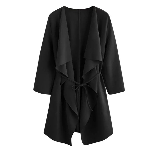 Women Casual Waterfall Collar Pocket Front Wrap Coat Jacket Outwear Women Coat Jacket Outwear