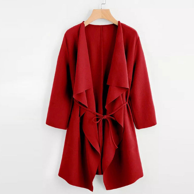 Women Casual Waterfall Collar Pocket Front Wrap Coat Jacket Outwear Women Coat Jacket Outwear